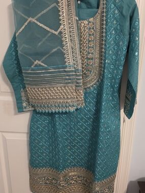Teal Embroidered Pakistani/Indian Suit with Gold Accents New